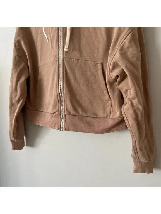 Everlane Organic Cotton Cropped Zip Up Hooded Sweatshirt Tan Women's Size Small - Picture 2 of 8